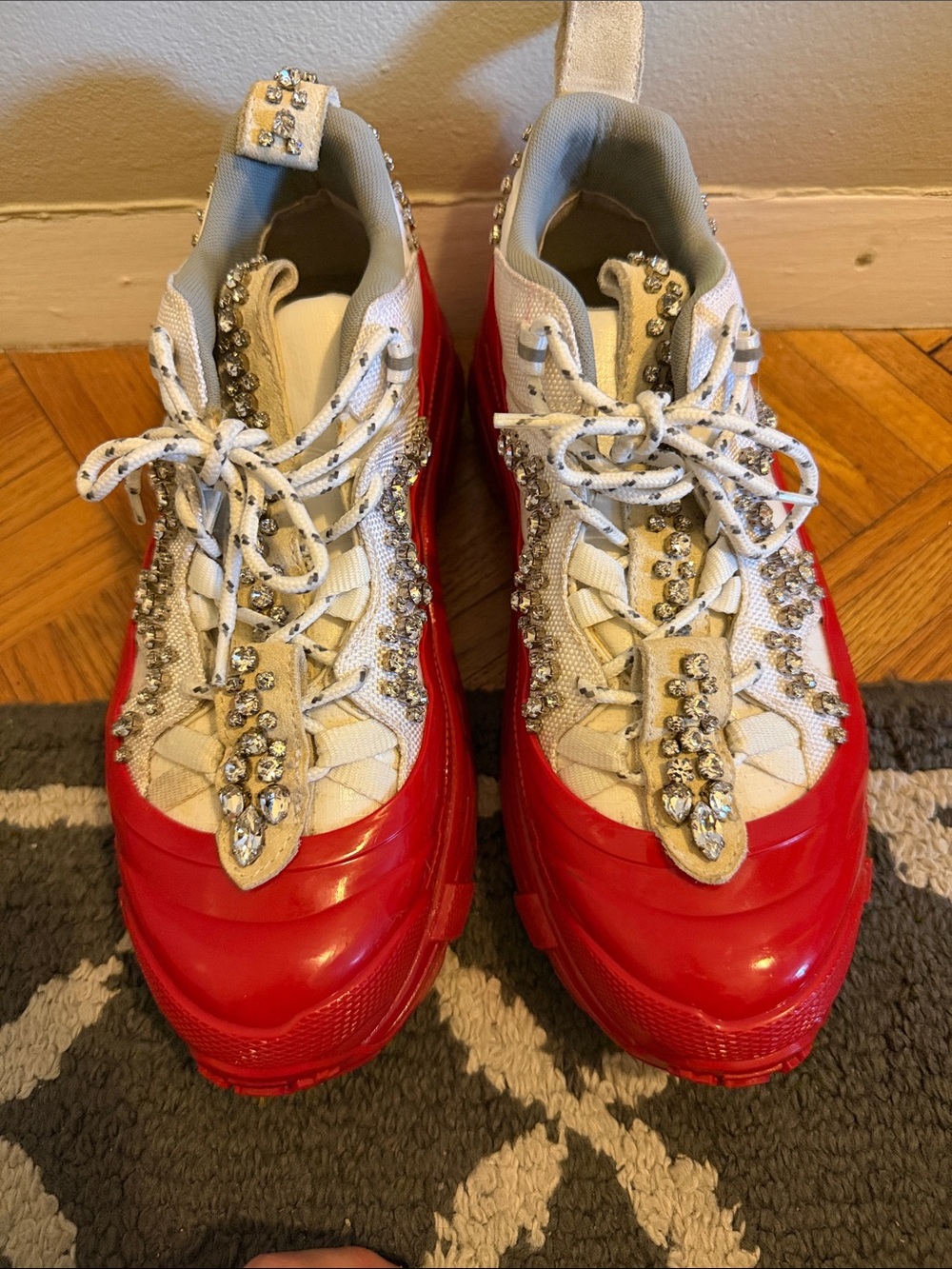 Burberry Red and White Crystal-Embellished Platform Sneakers